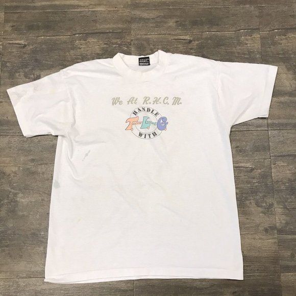 Vintage Handle With Tender Loving Care Tshirt Size Large Single Stitch USA Stain - Picture 2 of 12